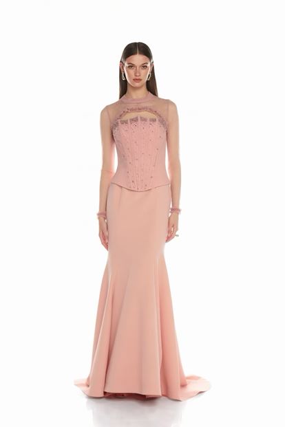 Pudra Korse Detaylı Dantel Görünümlü Abiye Elbise